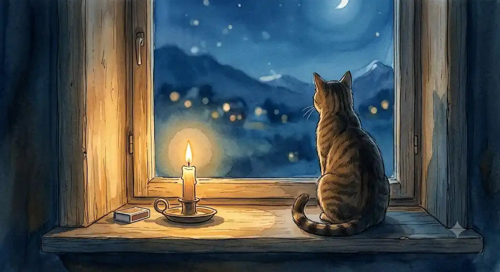 夜の静寂の中で窓辺に佇む猫と、穏やかな光が戻る安心の情景