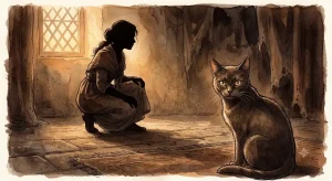 薄暗い空間で猫が牙をむく瞬間、その眼差しがこちらをまっすぐ見ている夢のイメージ