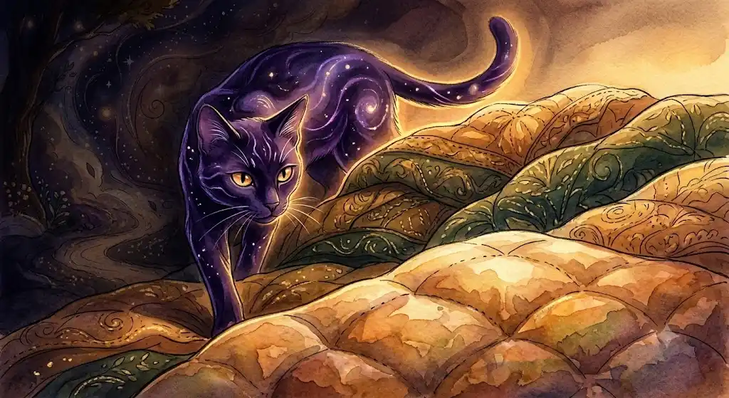 猫に追いかけられる夢の緊迫感を表す、夜明け前の部屋と静かに迫る黒と紫の猫のモチーフ