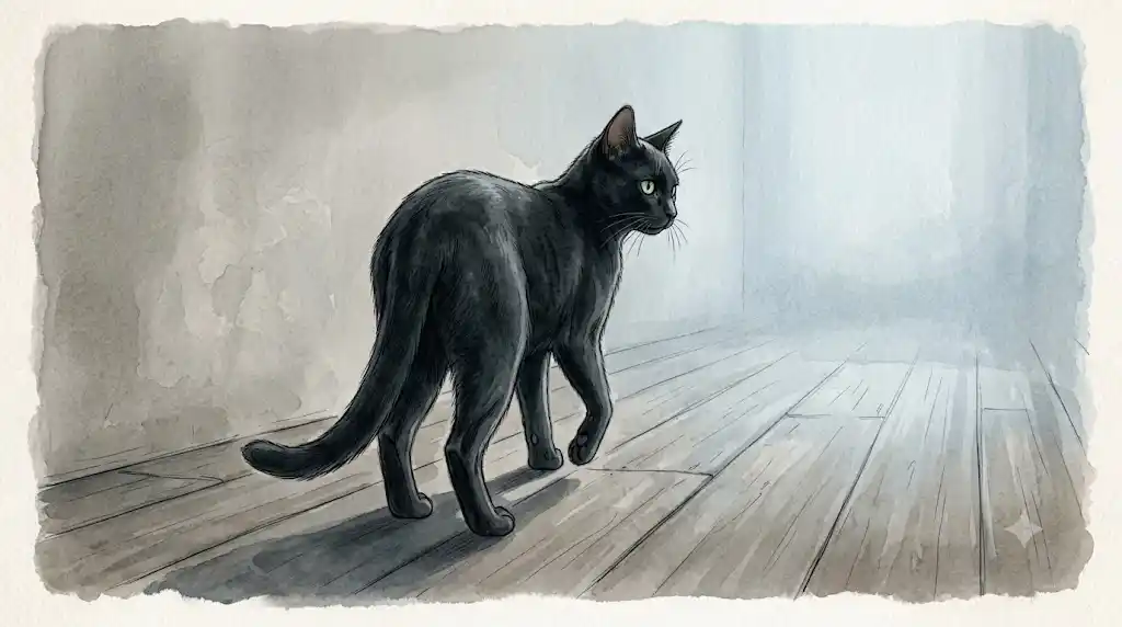 猫が逃げる夢と現象学的距離感を表す、霧の中を歩く猫のシルエット