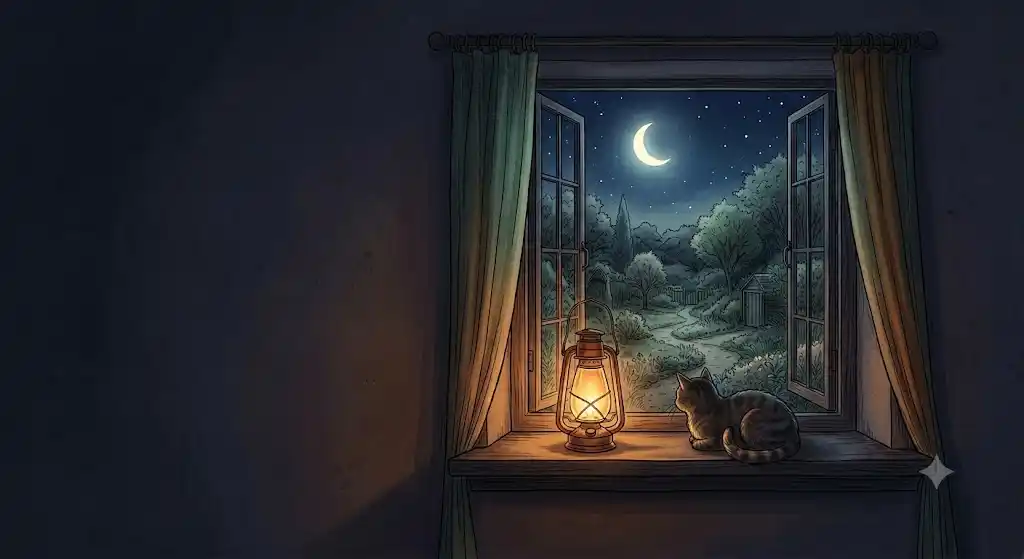 猫が懐く夢の余韻を感じながら、夜の静けさの中で心を整えるための調律の室内風景