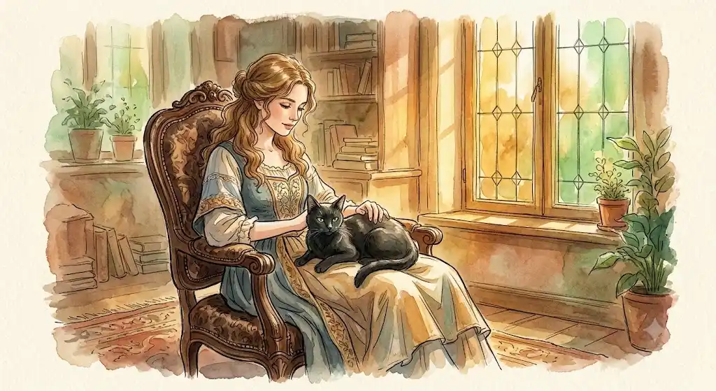 猫が懐く夢の深層心理を紐解く、柔らかな朝の光が差し込む部屋で女性の膝に乗る黒猫の幻想的なイラスト