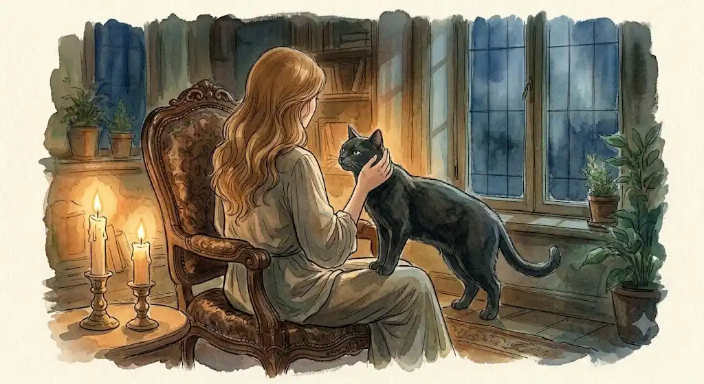 暗がりの温かい光の中で、猫がそっと人に頭をすり寄せる親密な瞬間を映したイラスト