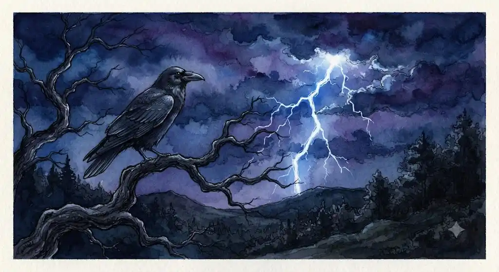 カラスの夢が持つ意味や象徴を読み解く、漆黒のカラスと夜の静けさを描いたアイキャッチ画像