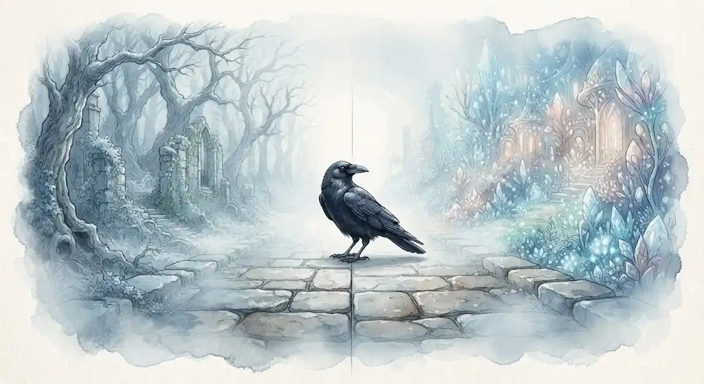 二つの世界の境界線に佇むカラスを描いた、カラスの夢の心理を象徴するイラスト