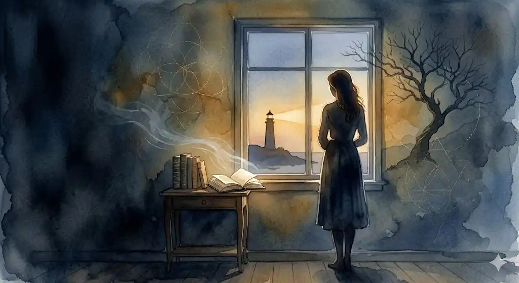 寝・うたた寝する夢の調律ワークへと導く、夕暮れの窓辺で静かに佇む女性の後ろ姿のイラスト