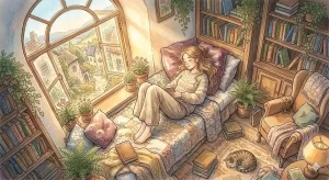 昼寝・うたた寝する夢の夢占いと心理学的な意味を象徴する、温かい光が差し込む静かな部屋のイラスト