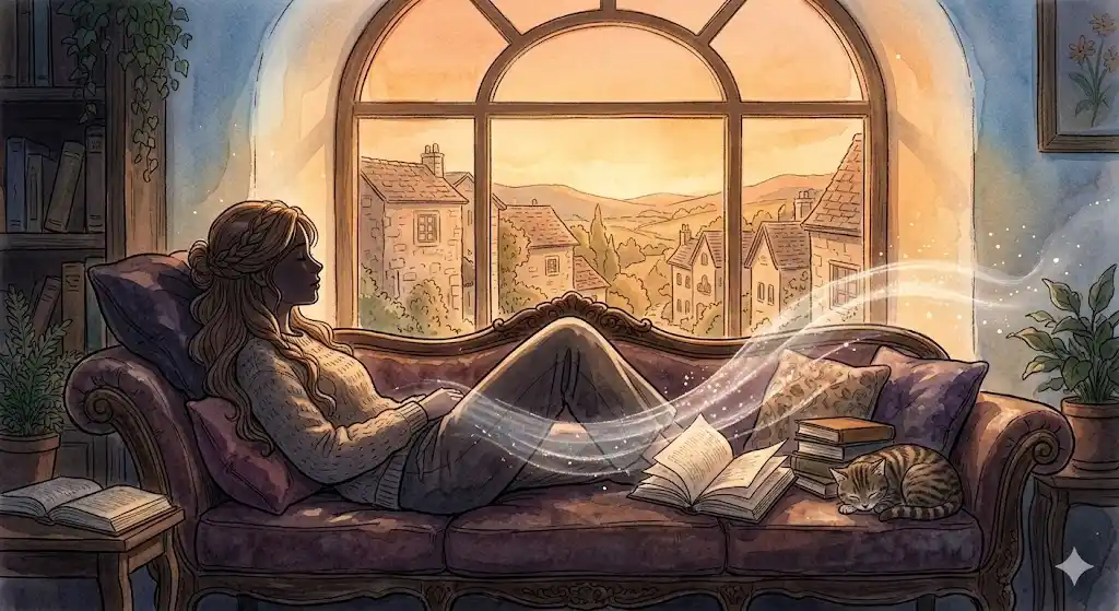昼寝・うたた寝する夢の意味を紐解く、夕暮れのような橙色の光のなかでうとうとする女性のシルエット