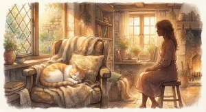 亡くなった猫の夢の意味を象徴する、やわらかな光の中でくつろぐ猫と温かい記憶の情景