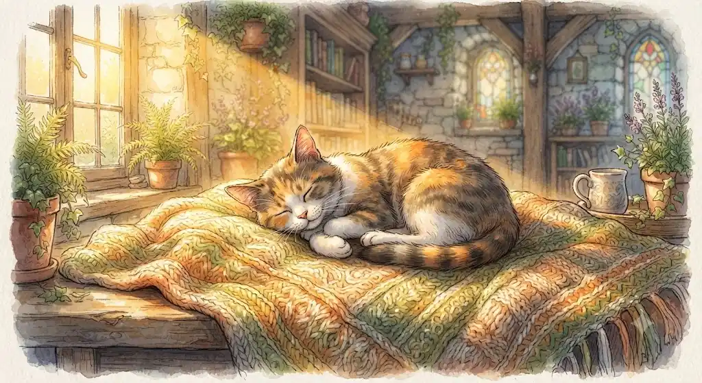 温かな日差しが差し込む部屋の片隅で、静かにくつろぐ猫の優しい情景