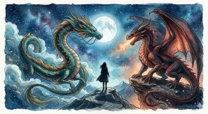 東洋の細長い龍と西洋の翼を持つドラゴンを見比べる人物のシルエット