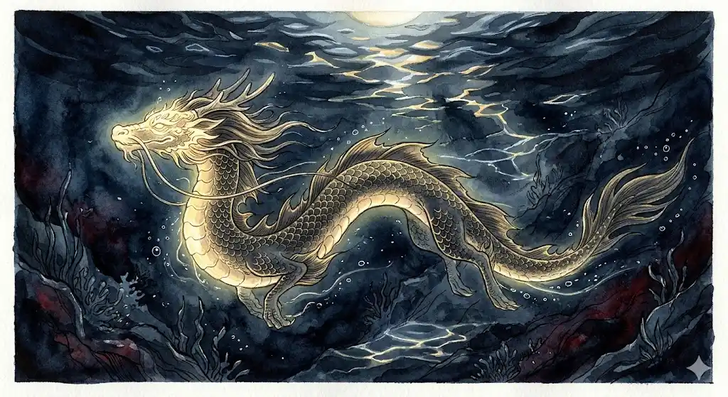 水の中に静かに佇む東洋の龍を描いた幻想的な絵本風イラスト、龍が水の中にいる夢の象徴