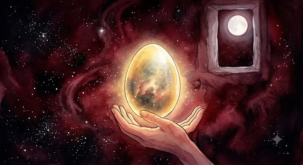 神話学が語る「宇宙卵」の象徴を、星々に囲まれて浮かぶ卵のモチーフで描いた情景