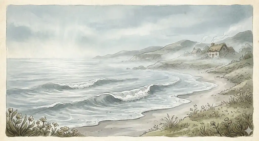 薄明かりの中、ゆるやかな波が重なりながら岸へ近づいていく静かな海辺の風景
