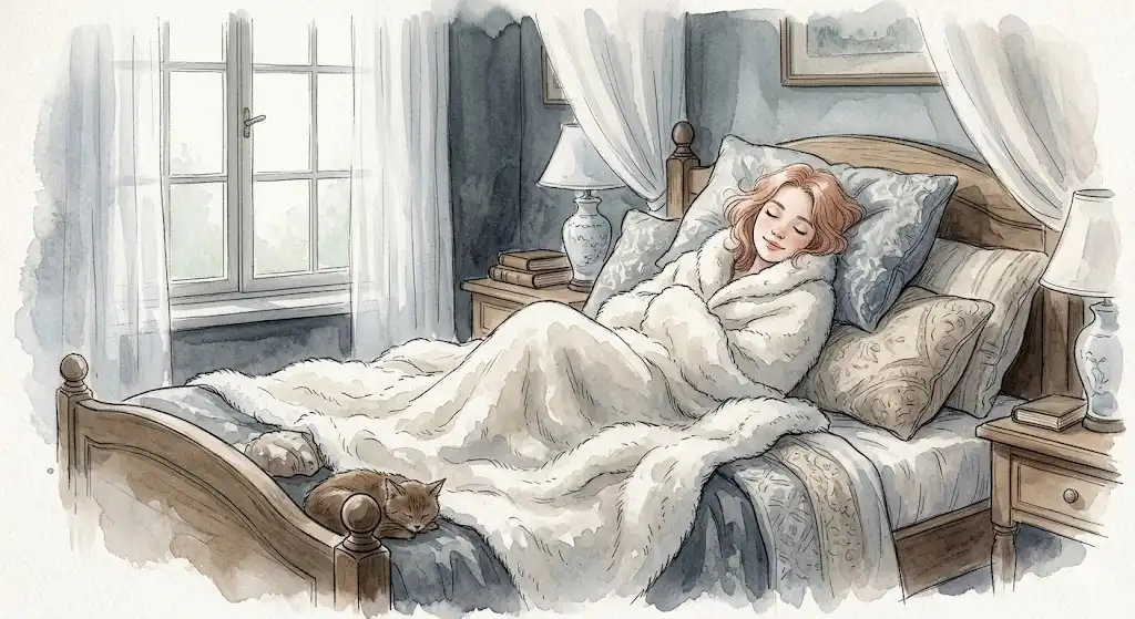 二度寝する夢を見て、柔らかい布団に包まれながら穏やかに眠りに戻る女性のイラスト