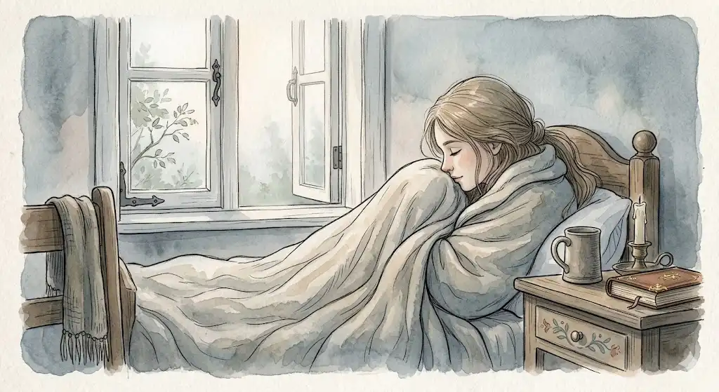 朝の柔らかな光の中、ふんわりとした布団に包まれて再び眠りに戻る人物の横顔