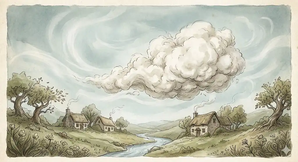 薄い霧の中に浮かぶ、ふんわりとした柔らかな雲のかたまりのイラスト
