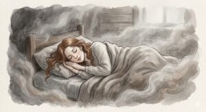 眠ることへの罪悪感を感じる夢の意味を示す、くすんだ空間で重さに耐える人物のイラスト