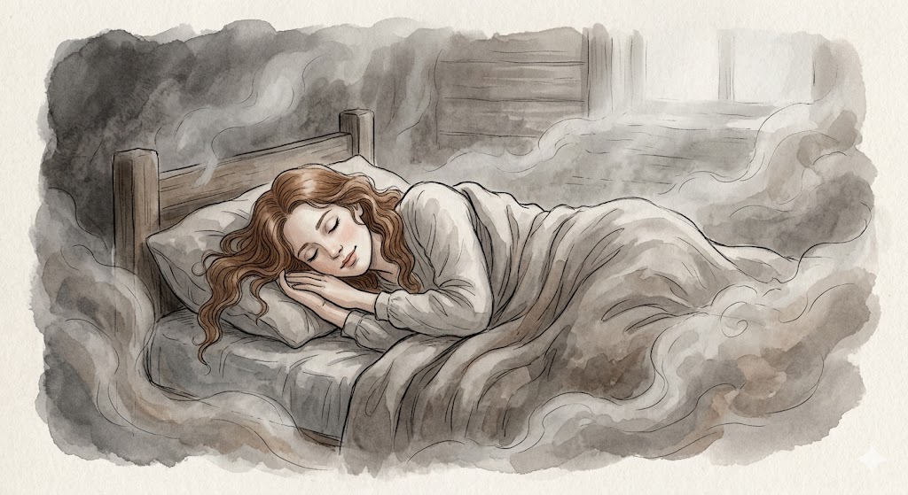 眠ることへの罪悪感を感じる夢の意味を示す、くすんだ空間で重さに耐える人物のイラスト