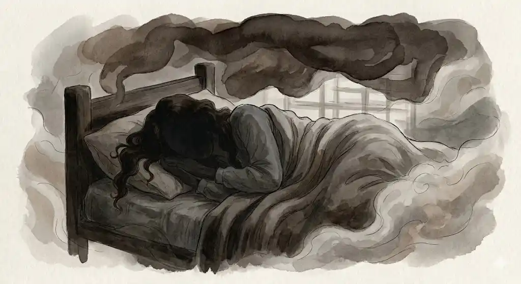 眠ることへの罪悪感を感じる夢の意味を示す、くすんだ空間で重さに耐える人物のイラスト