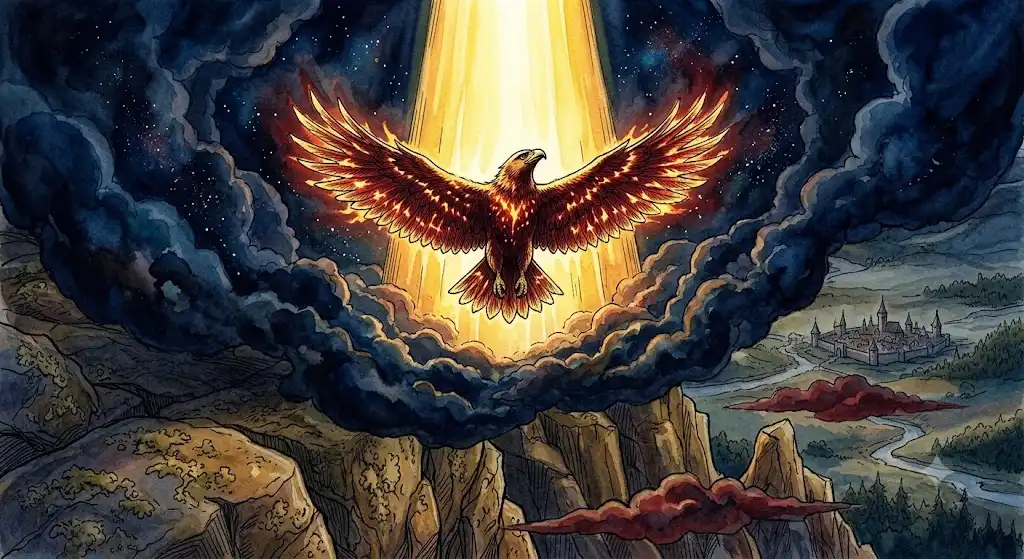 雲の切れ間から光が差し込み、鳥が上空へ向かう構図。Image conceptualized by AI based on Dream Codex Theory