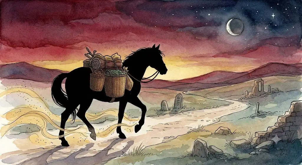 文化人類学の視点から見た、荷を運ぶ馬が象徴する交易と富の記憶を描くイメージ