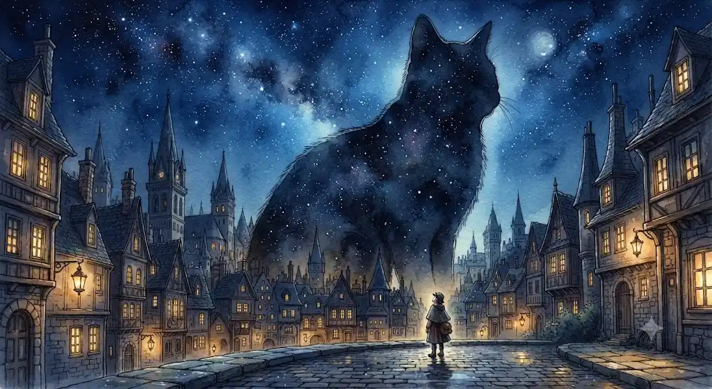 夜の都市に現れた巨大な猫の夢の意味を象徴する、圧倒的な存在感と幻想的なシルエットの画像