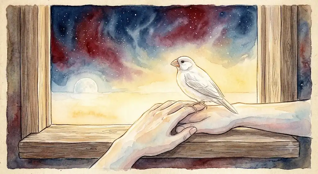 窓辺で文鳥を見守る手元と穏やかな朝の情景を描いたイメージ