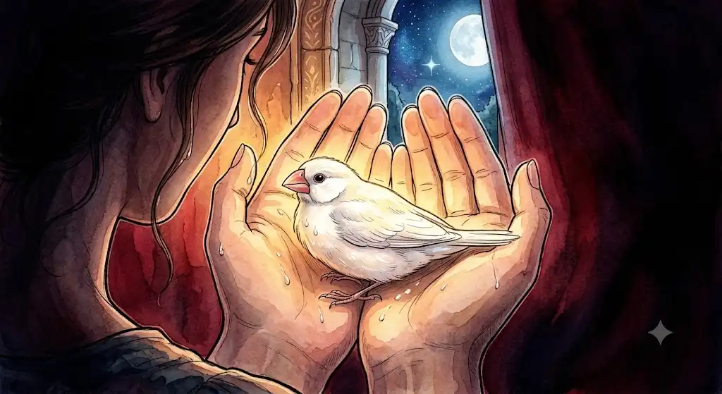 掌に乗る白い文鳥と、夜の静けさに包まれる女性の後ろ姿を描いたイメージ