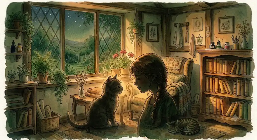 子猫の夢の意味を表す、柔らかい光の中で小さな子猫と静かに向き合う女性のイメージ。