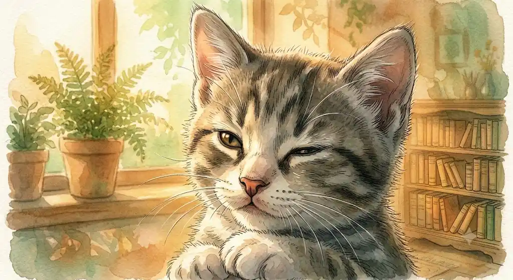 子猫の夢が示す可能性を象徴する、朝の光の中でゆっくりと目を開ける小さな子猫。