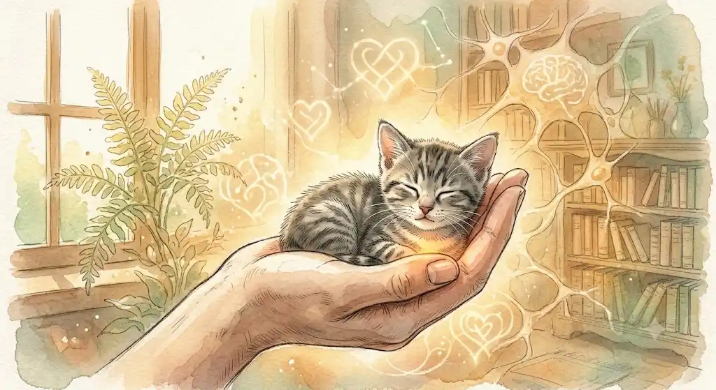 認知科学のケア行動を象徴する、手のひらに収まる小さな子猫と保護欲のイメージ。