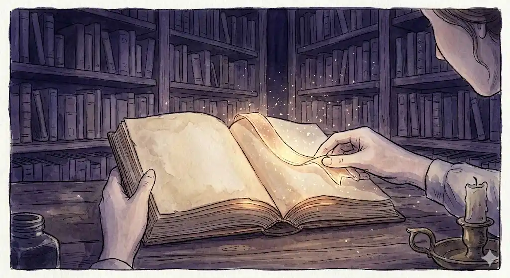 夜の書架で開いた本にしおりを挟む手元、中途覚醒の意味を象徴する絵本風のイラスト