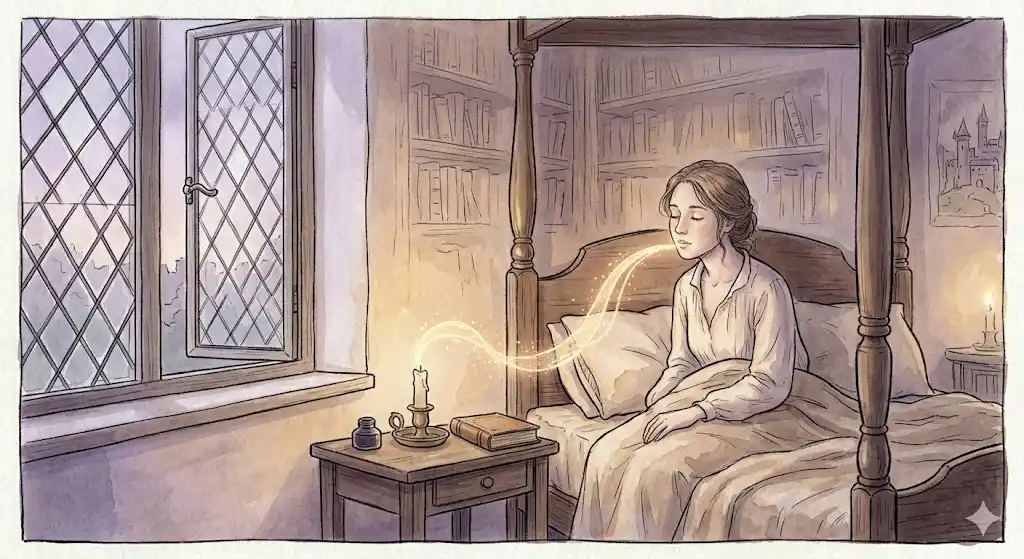 薄明の光が差し込む寝室で、ゆっくりと息を吐きながら再び目を閉じる女性のイラスト