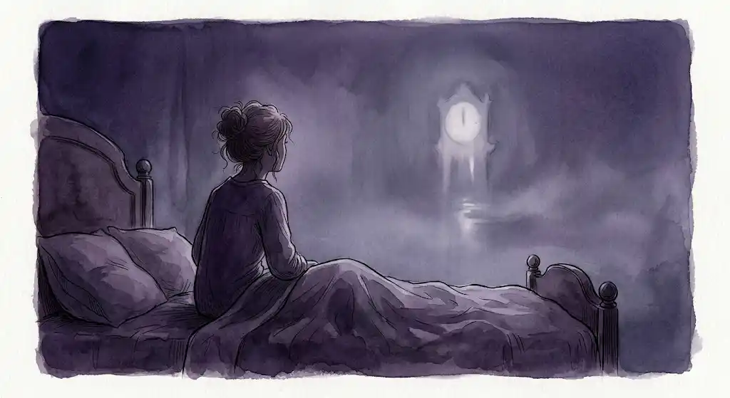 深紫の薄明かりの中、夜中に目を覚まし静かに座る若い女性が一時停止の時間を過ごす様子