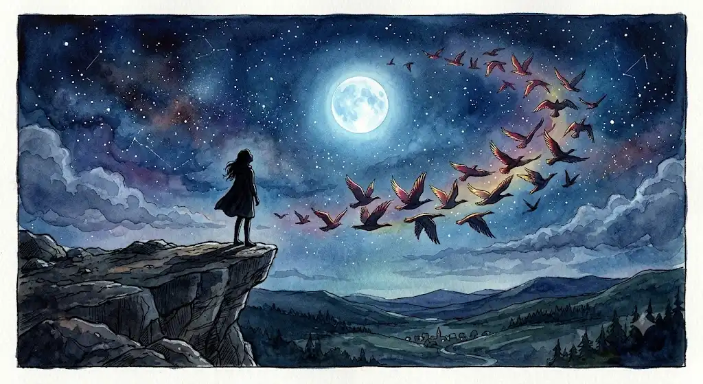 満月の夜空を渡る鳥の群れを見上げる女性のシルエットが、渡り鳥の夢の情景を象徴的に描く