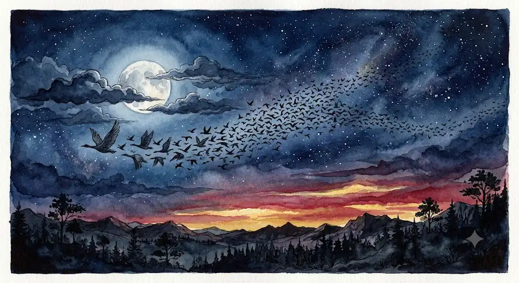 藍色の夜空を横切る渡り鳥の群れが、渡り鳥の夢の静かな旅立ちを描き出す