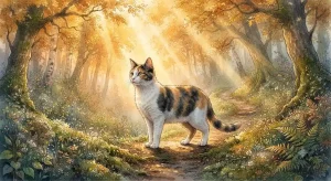 三毛猫の夢の意味を象徴する、白・黒・茶の三色が調和する幻想的な猫のイメージ
