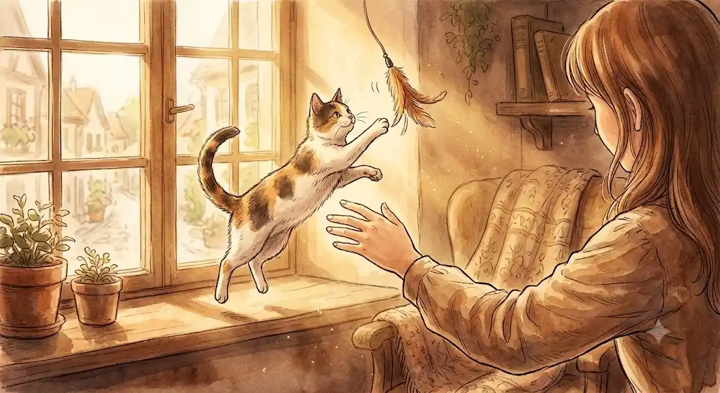 猫と遊ぶ夢の意味と自発性を表す温かみのある室内で猫と交わる景色