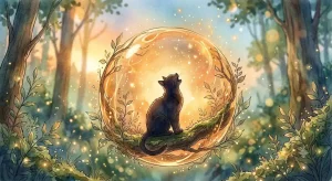 透き通った空気の中で鳴く猫のシルエットと揺れる光の粒子・猫が鳴く夢の象徴イメージ