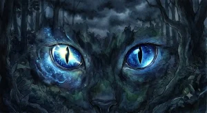 暗闇の中で縦長の瞳が鋭く光る猫の目のクローズアップ画像。猫の目の夢の象徴を表現。