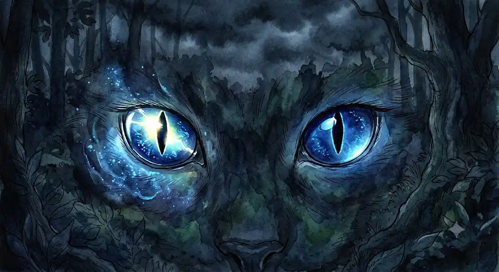 暗闇の中で縦長の瞳が鋭く光る猫の目のクローズアップ画像。猫の目の夢の象徴を表現。