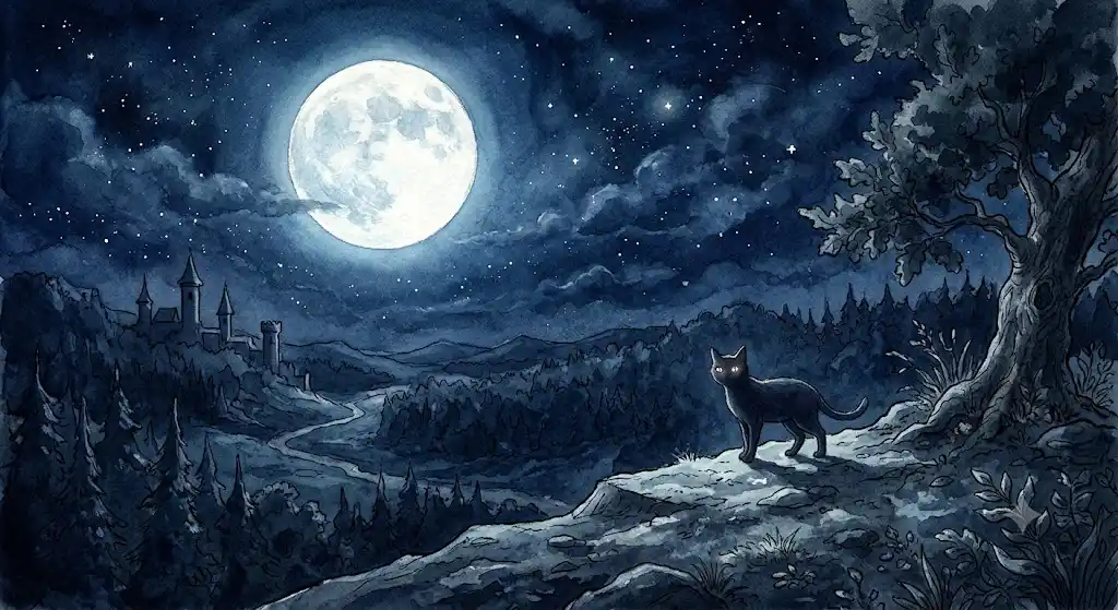 満月の夜の空と暗闇の中で光る猫の目のシルエット。記号論と猫の目の夢の象徴。