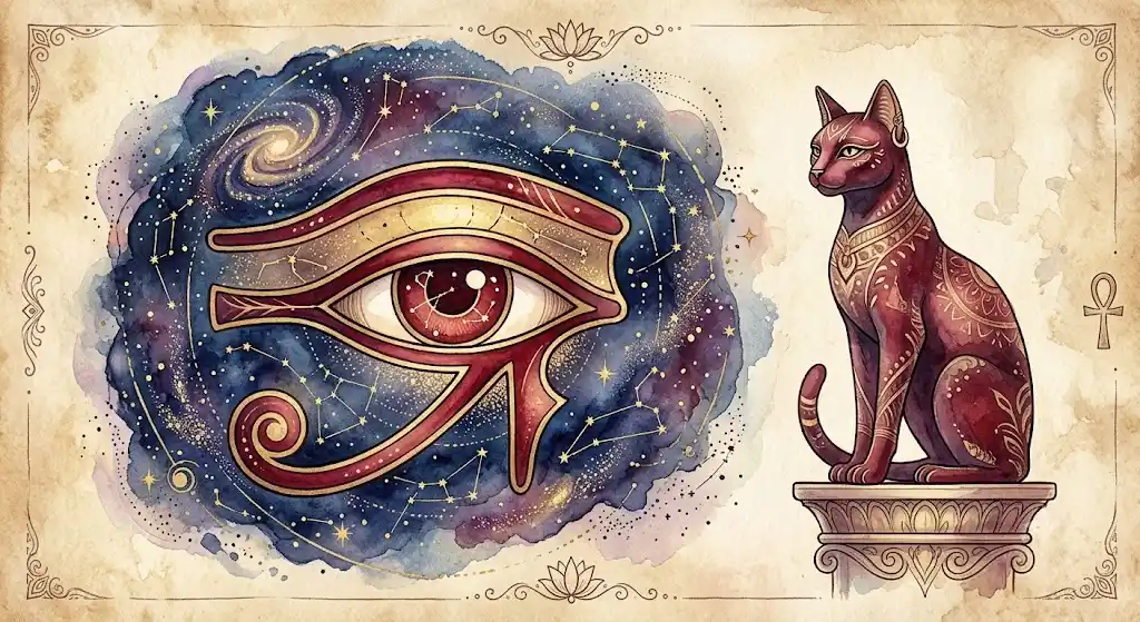 文化人類学や神話学の象徴である太陽神ラーの目と古代エジプト風の猫のイラスト。
