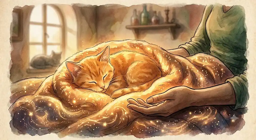 猫を助ける夢の深層心理と投影を表す、弱った猫へ差し伸べられた手と温かな光の場面