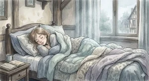 寝坊して起きられない夢を見て、布団の中でまぶたを閉じている女性の