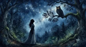フクロウの夢の意味を探る女性と、暗闇の中で静かに佇むフクロウのイメージ