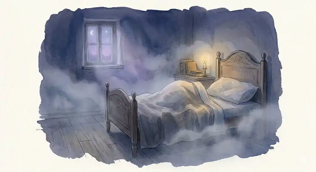 一人で寝る夢を見た夜の調律をイメージした、灯りを灯した静かなベッドの挿