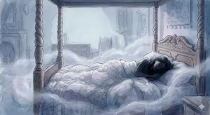 一人で寝る夢の意味を表す、霞んだ白い光に包まれて静かに眠る女性のシルエットのイラスト