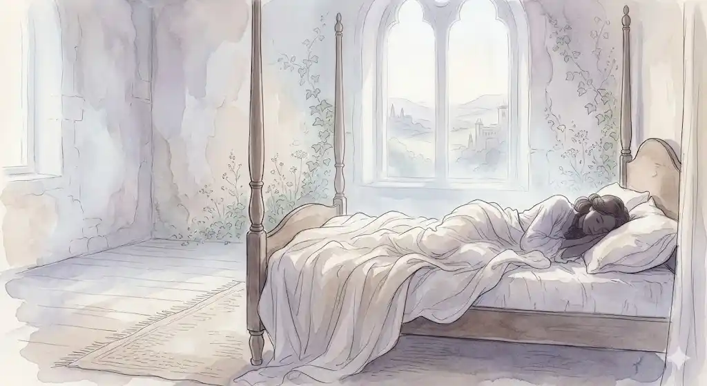 一人で寝る夢のイメージ、誰もいない静かなベッドに一人で眠る女性のシルエットを描いた挿絵